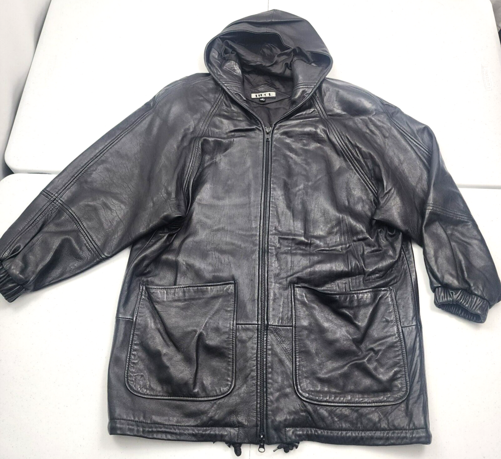 Vintage TIBOR MEN M BLACK SOFT LAMB LEATHER HOODED JACKET/COAT RAGLAN/PADS